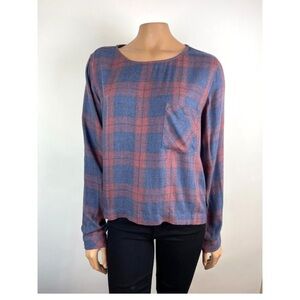 Anthropologie Cloth&Stone scoop neck plaid blouse back lace up detail